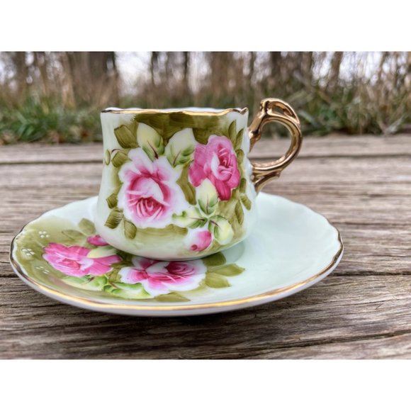 Vintage Lefton Heritage Rose Hand Painted Green Demitasse Cup Saucer - Picture 2 of 11